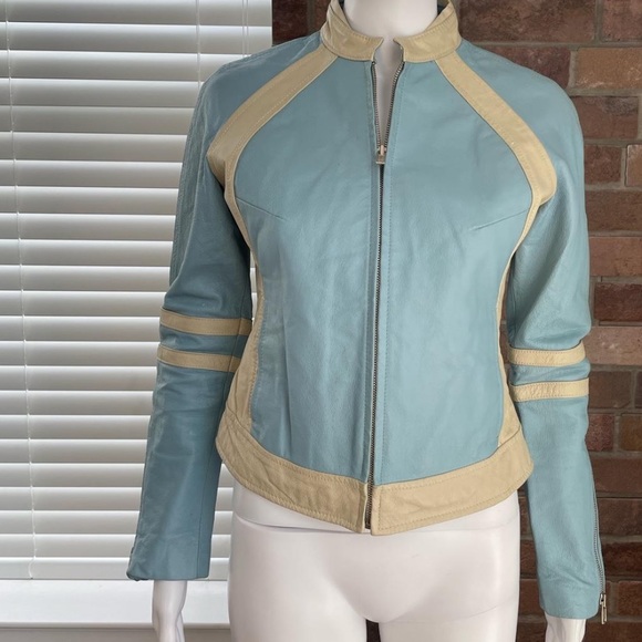 Veste Moto En Cuir Recyclé Bleu Bébé Pelechecoco - Taille S - Style Biker Années 80/90